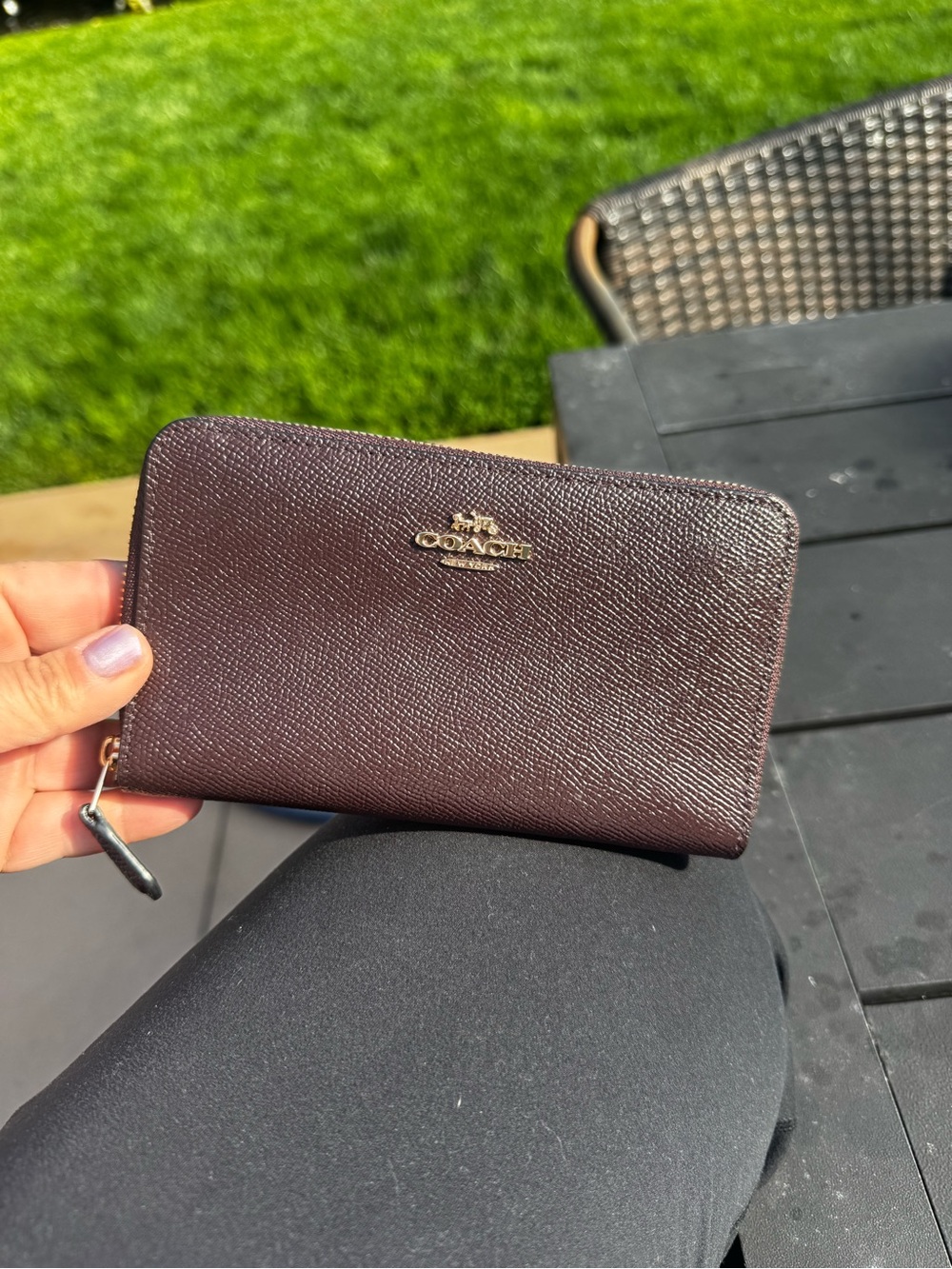 Coach Dark Brown Textured Zip Wallet with Gold Logo Hardware